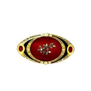 Antique Victorian Red Velvet Rhinestone Brooch Gold Tone Filigree Mourning Style
